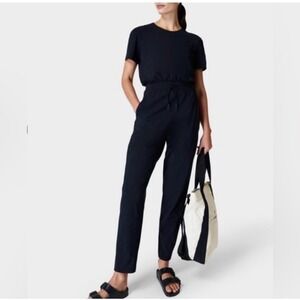 Sweaty Betty Explorer Jumpsuit Black Short Sleeve Drawstring Waist Womens L